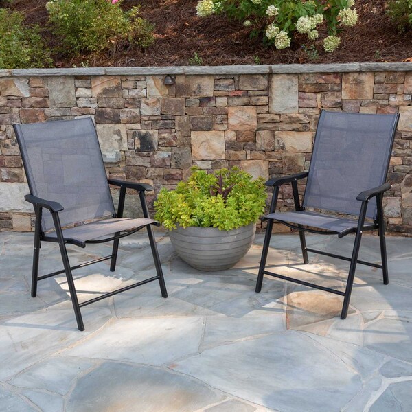 Flash Furniture 2PK Gray/Black Outdoor Folding Patio Sling Chair 2-TLH-SC-044-B-GG - main